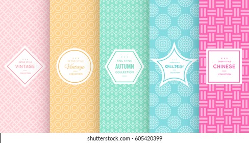 Cute bright seamless pattern background. Vector illustration bright design. Abstract geometric frame. Stylish decorative label set. Pale light color. Colorful geometric ornament. Feminine baby style