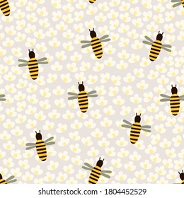 Cute bright  seamless pattern with  bee's and decorative flowers   in minimalistic style. Insect repeated texture for stylish fabric design or wrapping paper. 