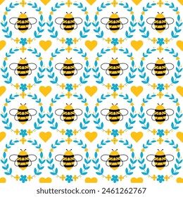 Cute bright seamless pattern bees, flowers and hearts. Flat vector hand drawn design illustration colorful and happy