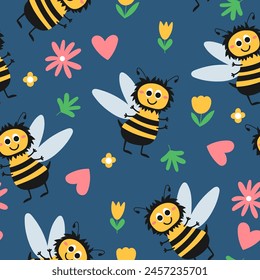 Cute bright seamless pattern with bumblebees, flowers and hearts on a blue background. Vector illustration. Cute hand drawn nature pattern for kids.