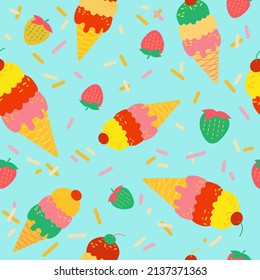 Cuidado patrón brillante sin costuras con helados coloridos sobre fondo azul. Se puede usar para impresiones de verano, papel envolvente, carteles, publicidad. Ilustración vectorial en estilo plano.