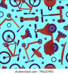 Cute bright seamless pattern with contrast orange teenager bikes and scooters in sticker style on blue background. Cartoon youth city transport texture for textile, wrapping paper, package