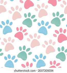 Cute bright seamless pattern with crayon pencil textured pet paw in pastel colors. Vector background with dog or cat leg footprint track silhouette. Animal childish textile design, wallpaper