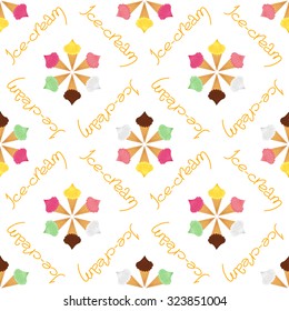 Cute bright seamless pattern with different ice-cream on the white (transparent) background. Chocolate, vanilla, lemon, cherry, strawberry and mint flavour. Vector illustration eps 10