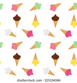 Cute bright seamless pattern with different ice-cream on the white (transparent) background. Chocolate, vanilla, lemon, cherry, strawberry and mint flavour. Vector illustration eps 10