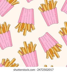 Cute and bright seamless pattern with French fries. Lots of hot French fries in a paper cup. Vector design of a fast-food seamless pattern