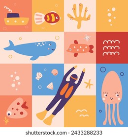 Cute bright seamless pattern with funny sea animals, scuba diver and boat vector illustration