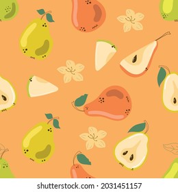 Cute and bright seamless pattern of hand drawn pears. Flat modern illustration.