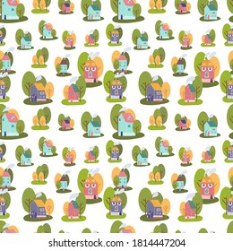 Cute bright seamless pattern with houses for kids nursery. Autumn town cityscape with repeatable elements.