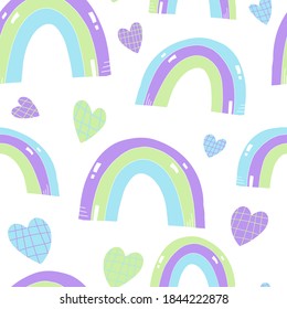 Cute bright seamless pattern with rainbows and tartan hearts on isolated background. Hand-drawn vector illustration for textile, kids clothes, coverage, wrapping paper and other print and design.