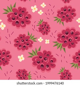 Helles, nahtloses Muster mit Himbeeren und hellen Blumen. Handgezeichnet. Vektorgrafik
