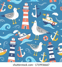 Cute Bright Seamless Pattern With Seagulls, Lighthouse, Waves, Anchor On A Blue Background For Children's Wallpaper