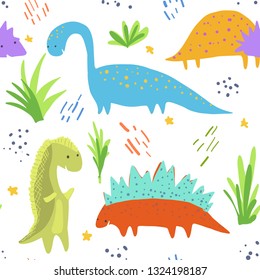 Cute bright seamless pattern with sketchy colorful dinosaurs on white background. Childish texture with diplodocus, tyrannosaurs, triceratops characters for kids textile, wrapping paper, background