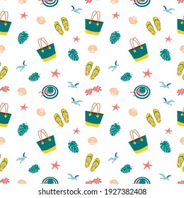 Cute bright seamless summer pattern with items for the sea and vacation.. Decorative elements for printing, textiles, wrapping paper and design. Vector flat illustration