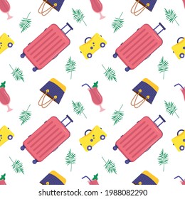 Cute bright seamless summer pattern with elements for the sea and relaxation. Print with suitcases, cocktails, bags and palm leaves. Decorative items for textiles, wrapping paper and design