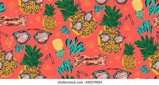 Cute bright seamless vector pineapple pattern with pink sunglasses,water splashes and juice straw on coral background. Vector tropical bright summer illustration of fruit pineapple.