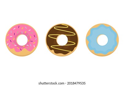 Juego de iconos de donuts, lindo y brillante. Iconos de postre de diseño plano. Donuts dulces diferentes
