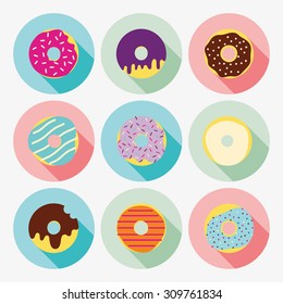 Cute and bright set of donuts icons. Flat design dessert icons. Different sweet donuts