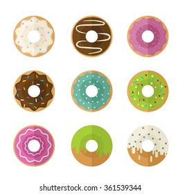 Cute and bright set of donuts icons. Isolated on white background. Flat style, vector illustration.
