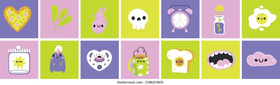 
Cute bright set of pizza heart, leaf, droplet, skull, clock, plant in a vase, fried egg, toad, star, mug, toast, mouth, cloud.Hand drawn  kawaii Vector illustrations.