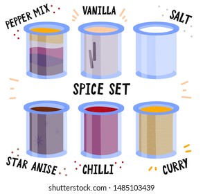 Cute bright set of spices in transparent banks. Pepper mix, chili pepper, vanilla and cinnamon, curry, star anise, salt. Vector illustration isolated on white background for cafe, spice shop.