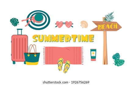 Kleine, helle Sommerkulisse für Reisen und Strandurlaub. Artikel für Ferien auf See oder in tropischen Ländern. Vektorgrafik