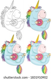 Cute bright sleeping rainbow unicorn creature with donut template set. Colorful cartoon vector illustration in color and black and white for icons, games, pattern, decor. Coloring paper, page, book