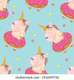 Cute bright sleeping rainbow unicorn creature in donut seamless pattern template. Colorful cartoon vector illustration for icons, emoji symbols, games, background, pattern, decor. Print for fabrics 