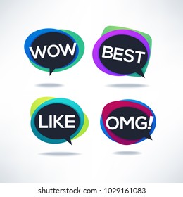 cute and bright speech bubbles with emotional words wow, best, like, omg