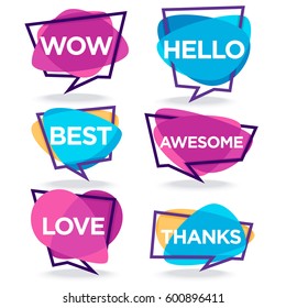 cute and bright speech bubbles with emotional words thanks, hello, wow, best, love, awesome