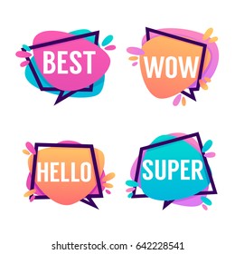 Cute And Bright Speech Bubbles With Emotional Words Best, Wow, Hello, Super