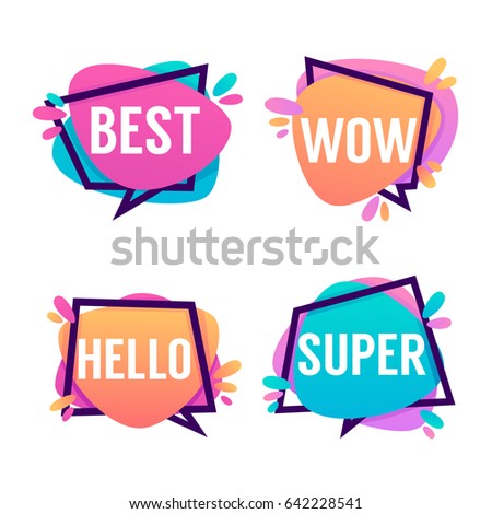 Cute And Bright Speech Bubbles With Emotional Words Best, Wow, Hello, Super