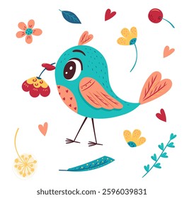 Cute bright spring bird with a flower in its beak, flowers, leaves, twigs, berries. A collection of spring elements for decorating postcards, clothes and posters. Isolated vector illustration.