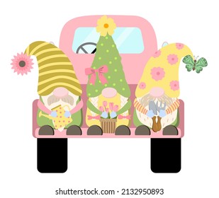 Frische Frühlingszwerge mit Wasserkanone, Blumen in einem Korb, Gartenwerkzeuge. Einzeln auf weißem Hintergrund. Cartoon Frühjahrsgärtnerdesign.