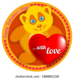 Cute bright sticker dedicated to Day of Valentine! Orange fluffy smiling little animal and a red heart. White lettering, with love. EPS10