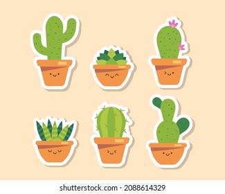 Cute, bright succulent or cactus, cacti plants with happy kawaii face vector illustration sticker set. Decorative colored houseplant elements collection isolated. Kawaii characters.