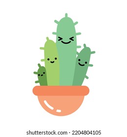 Cute, bright succulent or cactus, cacti plants with happy kawaii face vector illustration sticker set. Decorative colored houseplant elements collection isolated. Kawaii characters. Cactus family