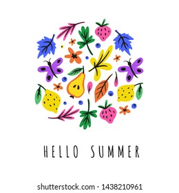 Cute bright summer holidays flat hand drawn color illustration. Fruits, flowers, butterfly, different leaves. Summer cliparts. Sketch round composition. Isolated scandinavian style items