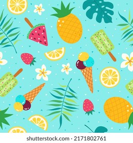 Cute bright summer holidays seamless pattern with tropical fruits, ice cream and palm leaf vector