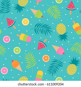 Cute bright summer holidays seamless pattern with tropical fruits, ice cream and palm leaf vector