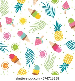 Cute bright summer holidays seamless pattern with tropical fruits, ice cream and palm leaf vector with polka dots. Hand drawn illustration. 