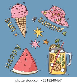 cute bright summer set. cartoon vector elements, ice cream and watermelon, colorful art