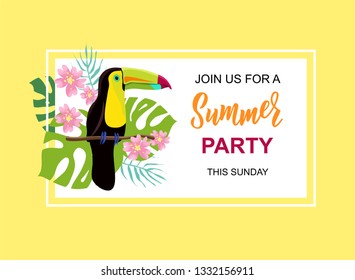 Cute bright toucan with flowers and tropical leaves. Summer party invitation. Vector illustration for greetings, banner, poster template.