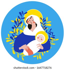 Helle, helle Vektorillustration-Illustration der Heiligen Maria mit einem Jesuskind in den Händen mit einem gelben und dunkelblauen Pflanzenmuster auf hellblauem Hintergrund