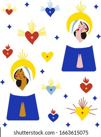 Cute bright vector illustration pattern with black and white Holy Virgin Mary with yellow halo above head surrounded by ex-voto hearts in different colors for church holidays like christmas and easter