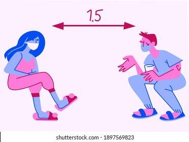 Cute bright vector illustration of two young people socialising with safe social distance of 1.5 metres due to coronavirus pandemic risks. Man and woman in protective face masks follow safety rules