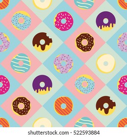 Cute and bright vector pattern with donuts icons. Flat design dessert background. Different sweet donuts texture.