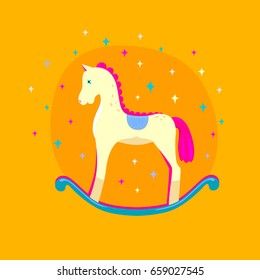 Cute bright vector rocking horse isolated on yellow background. Baby toy. Design element for logo, card, t-shirt print, invitation, scrapbook, accessories