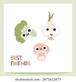 Cute bright vegetables print. Onion, broccoli and champignon mushroom characters with best friends forever lettering. Cartoon illustration in simple hand drawn style. Good for baby fabrics, textile, p