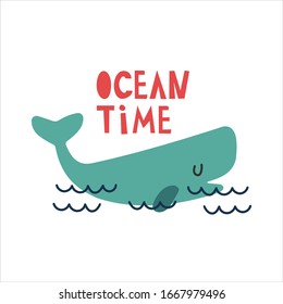 Cute bright whale. Summer vector stickers Illustration with funny whale and inscription "Ocean time".The concept of summer rest and food. Image for posters, and cards. Simple flat vector.